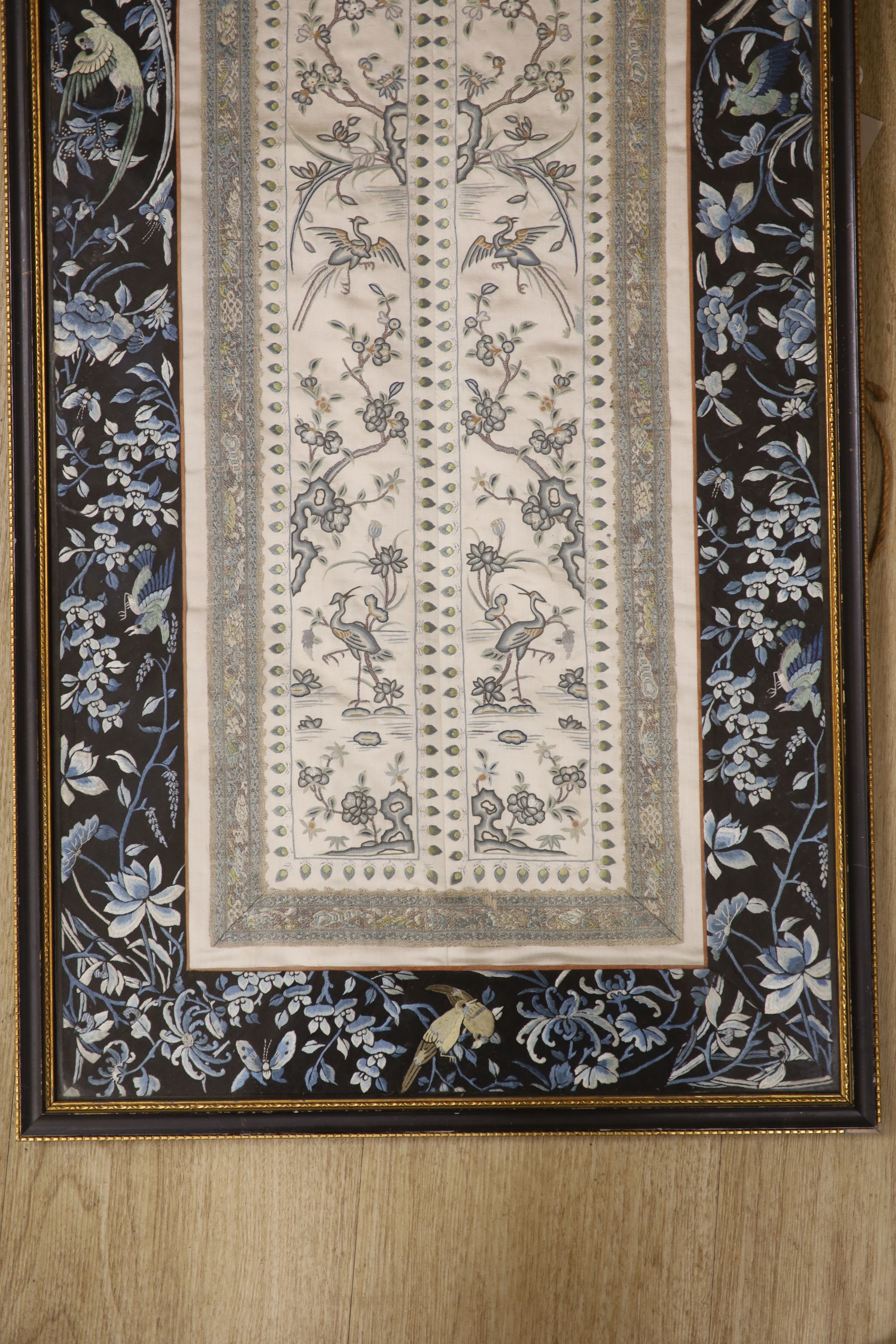 Two framed Chinese late Qing embroidered silk panels 71 x 39cm & 62 x 32cm